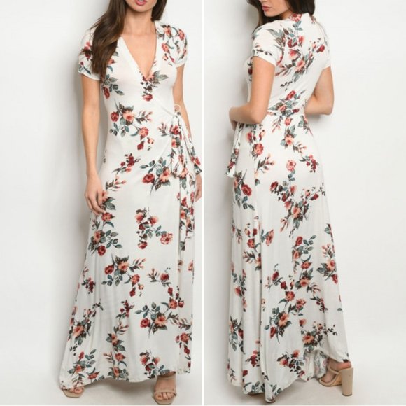 Trend Setter Diva Boutique Dresses & Skirts - IVORY FLORAL WRAP MAXI DRESS